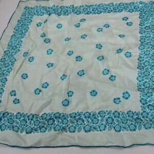 Vintage Burmel Silk Poly Hand Rolled Blue and White Foral Suare  Signed Scarf